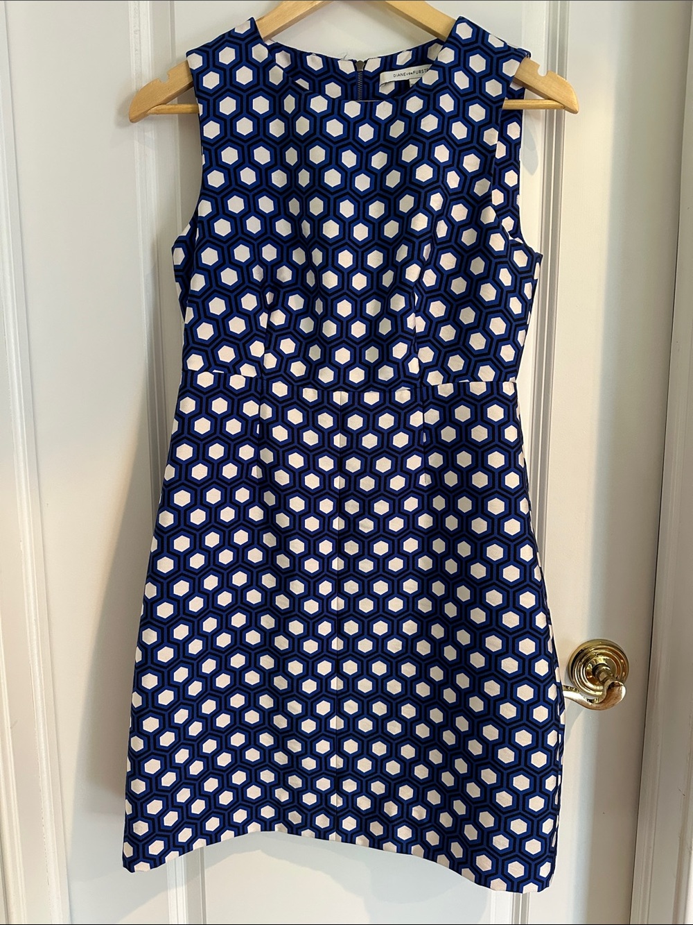 Diane Von Furstenberg Navy & White Hexagon Print Sheath Dress